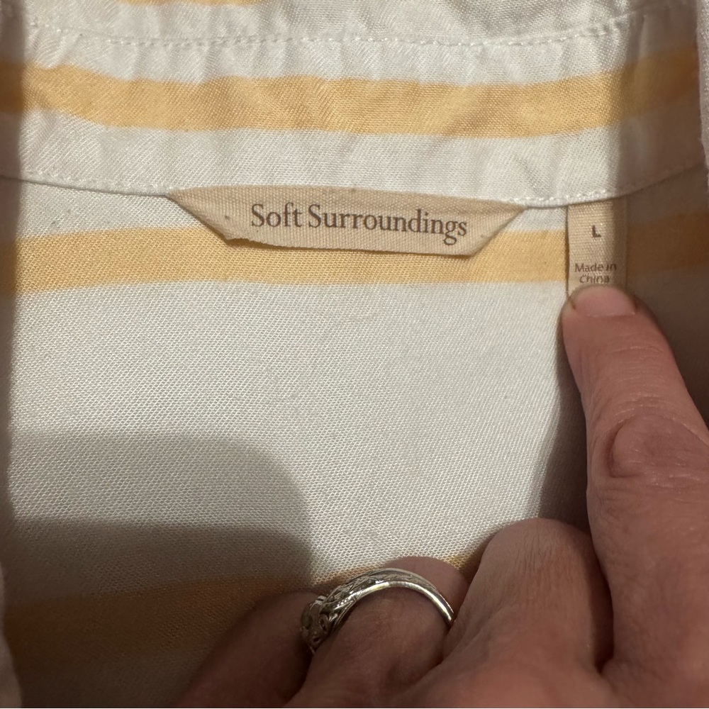 Soft Surroundings Striped Tunic Top Large Yellow Cream Asymmetrical Button - Picture 7 of 8